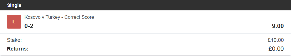 Kosovo vs Turkey - Correct Score 0-2 Loss