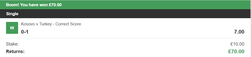 Kosovo vs Turkey - Correct Score 0-1 Winner