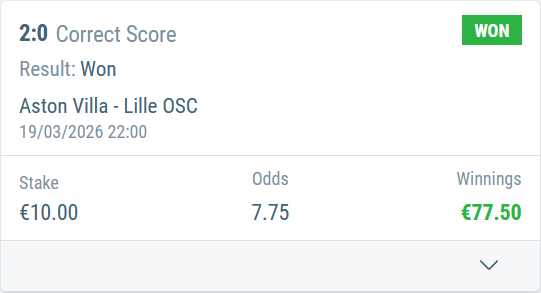 Aston Villa vs Lille - Correct Score 2-0 Winner
